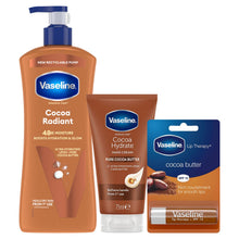 Load image into Gallery viewer, Vaseline Cocoa Radiant Bundle Lotion 600ml, Hand Cream 75ml &amp; Lip Therapy 4g Set