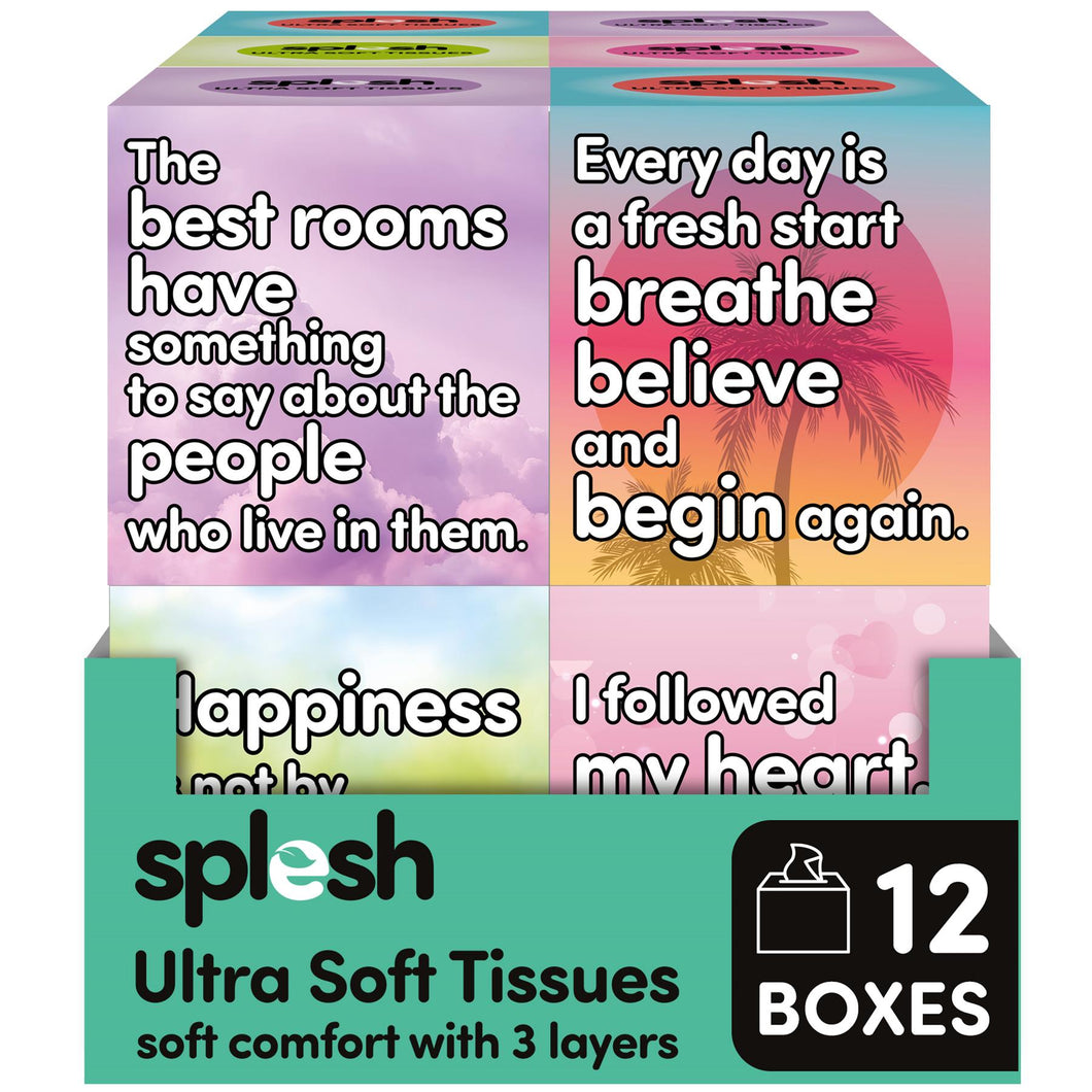 Splesh Ultra Soft Tissues 3-Ply Pack of 12 Cube Tissue Boxes, Total 672 Tissues