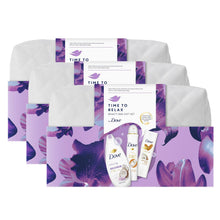 Load image into Gallery viewer, Dove Time To Relax Bath &amp; Body 3 Pcs Gift Set for Her with Beauty Bag