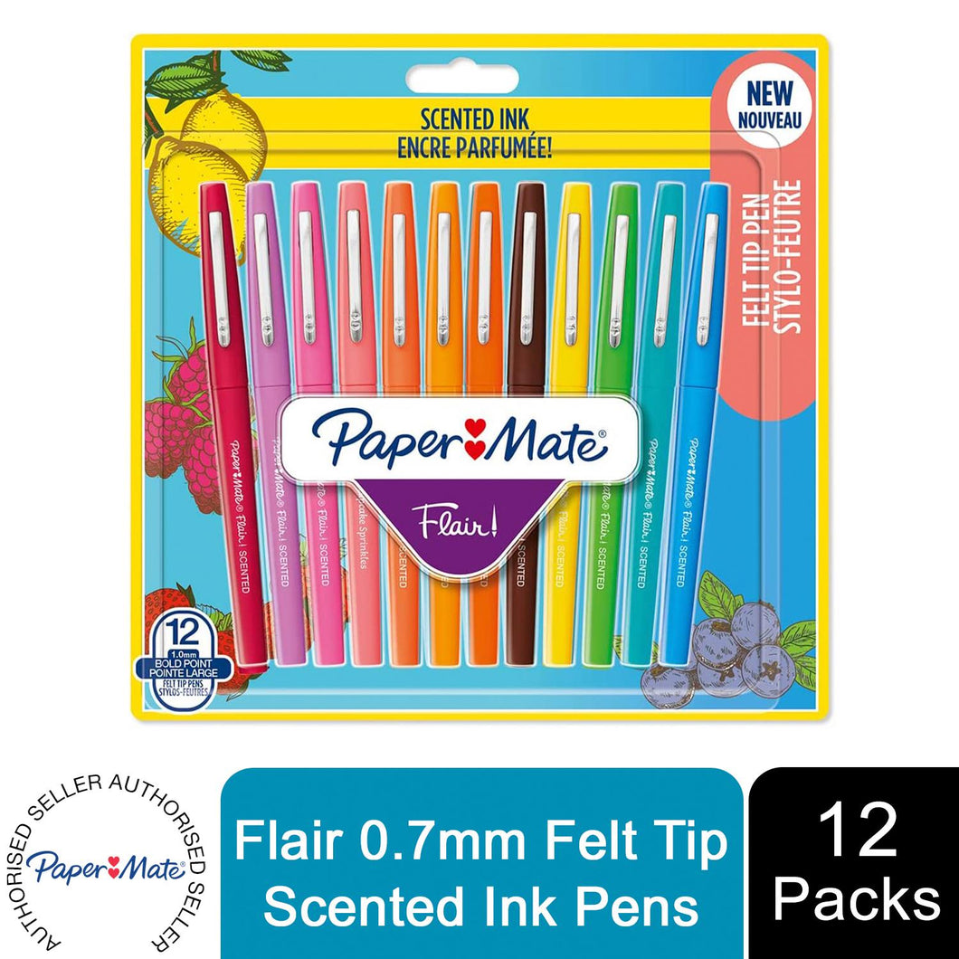 Paper Mate Flair 0.7mm Felt Tip Scented Ink Pens, Assorted Colours, Pack of 12