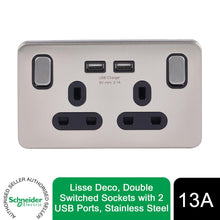 Load image into Gallery viewer, Schneider Electric Lisse Screwless Deco 13A Double Switched Socket + 2 USB Ports