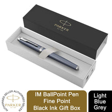 Load image into Gallery viewer, Parker IM BallPoint Pen Light Blue Grey Fine Point Black Ink Gift Box