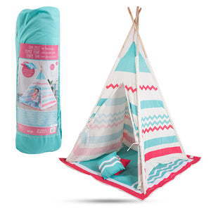 John Wooden Play Tepee Tent Natural Colours with Blanket and 2 Cushions