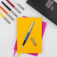 Load image into Gallery viewer, Parker Jotter Fountain Pen Originals Blue Finish Medium Nib Blue &amp; Black Ink