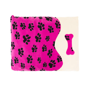 Haven Fleece Pet Pillow Cushion with a pawprint and bone design, Pink