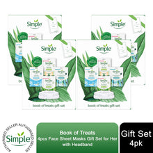 Load image into Gallery viewer, Simple Book of Treat Face Sheet Masks 4pcs Gift Set For Her with Headband
