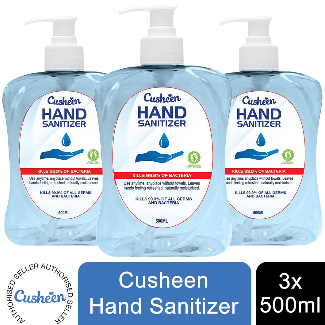 3x or 6x 500ml Cusheen Hand Sanitizer Naturally Moisturised,Kills 99.9% of Germs