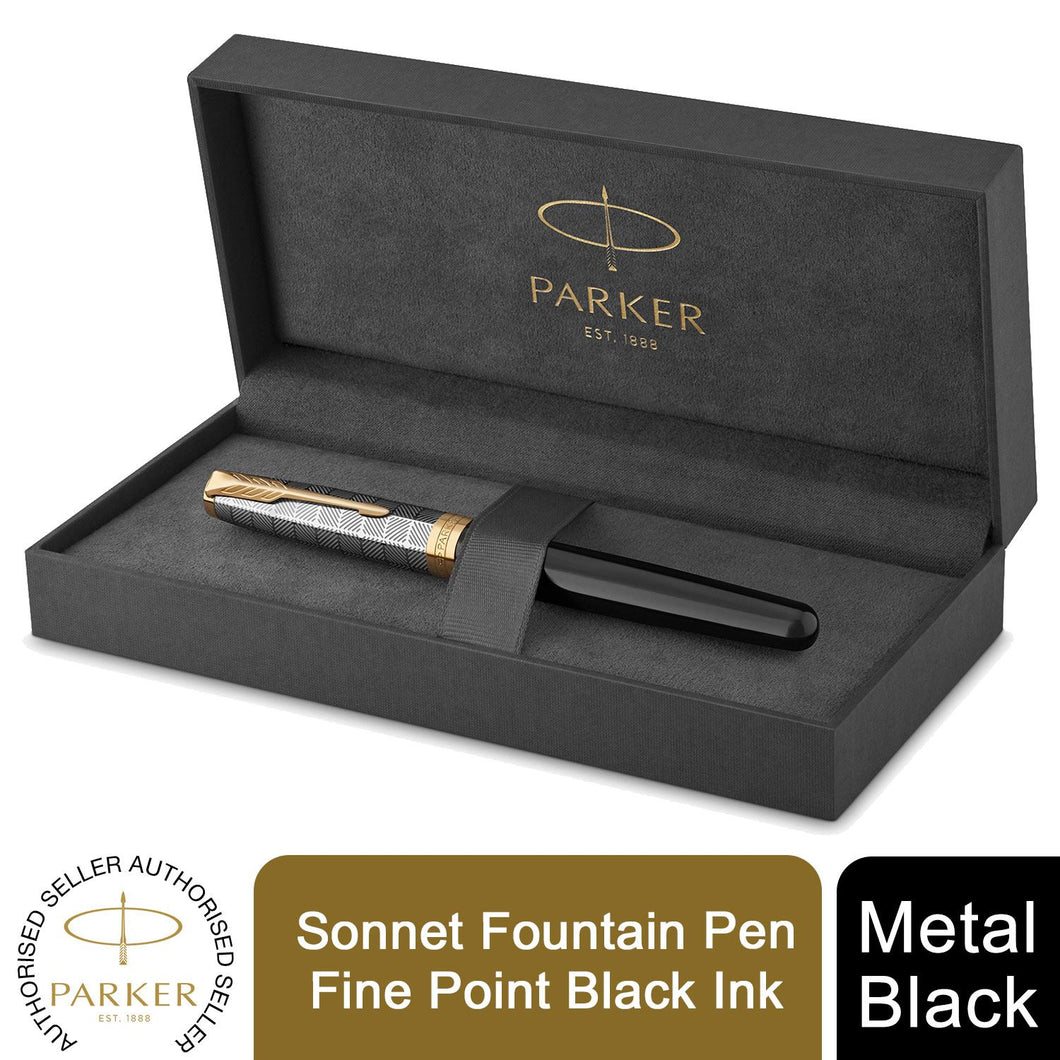 Parker Sonnet Fountain Pen Premium Fine 18K Gold Nib Black Ink Gift Box