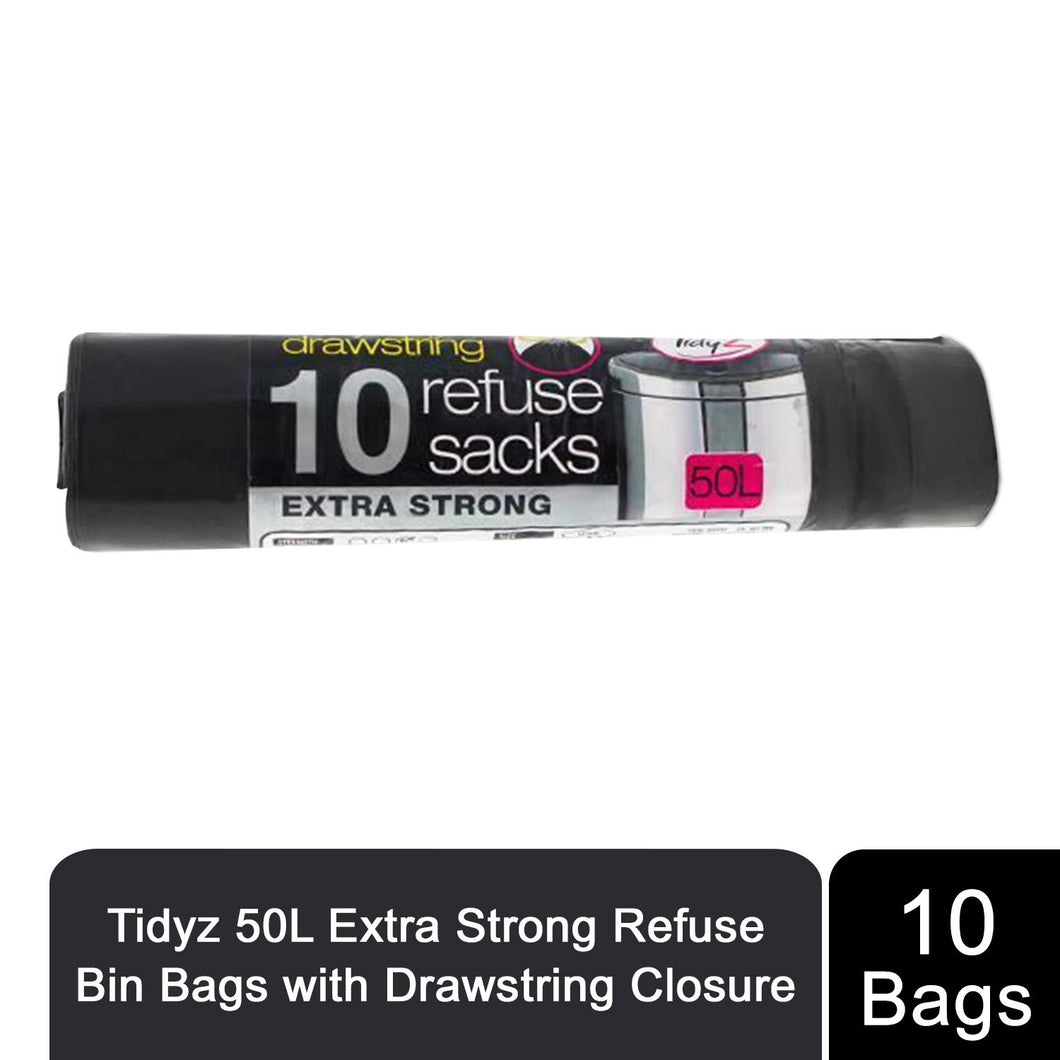 TidyZ 50L Extra Strong Refuse Bin Bags with Drawstring Closure, Pack of 10