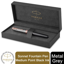 Load image into Gallery viewer, Parker Sonnet Fountain Pen Premium Grey Medium 18K Gold Nib Black Ink Gift Box