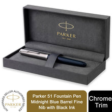 Load image into Gallery viewer, Parker 51 Fountain Pen Midnight Blue Barrel Fine Nib Black Ink Gift Box
