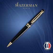 Load image into Gallery viewer, Waterman Expert Ballpoint Pen Gloss Black 23K Gold Trim Medium Tip Blue Ink