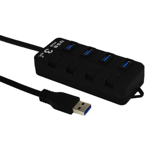 4-Port USB Hub with Individual LED Power Switches - Black