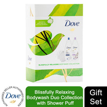 Load image into Gallery viewer, Dove Blissfully Relaxing Bodywash Duo Collection Gift Set with Shower Puff