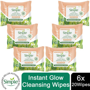 6pk of Simple Protect 'N' Glow Instant Cleansing Wipes for Dull & Tired Skin