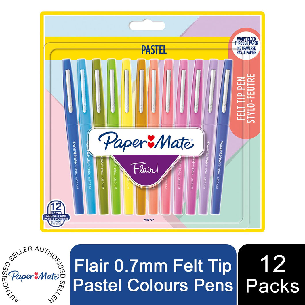 Paper Mate Flair 0.7mm Felt Tip Pastel Colours Pens Assorted Colours, Pack of 12
