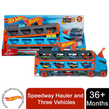 Load image into Gallery viewer, Hot Wheels Speedway Hauler and Three Vehicles