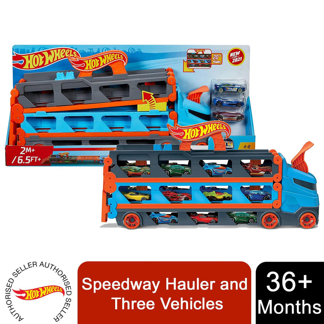 Hot Wheels Speedway Hauler and Three Vehicles