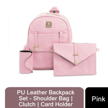 Load image into Gallery viewer, 3pcs Women PU Leather Backpack Set - Shoulder Bag | Clutch | Card Holder Pink