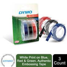Load image into Gallery viewer, DYMO Vinyl Labels Embossing Tape Red Green or Blue 9mm x 3m Each 3 Rolls