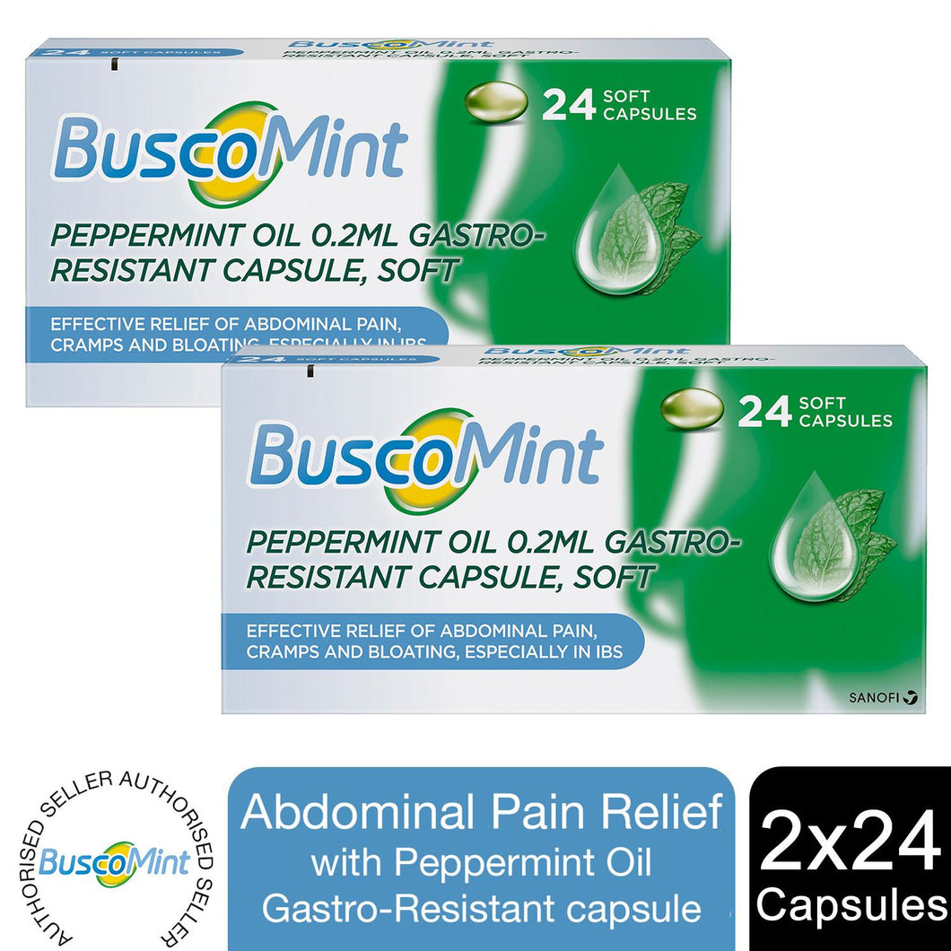 2x Buscomint Peppermint Oil 0.2ml Gastro Resistant Treatment, 24 Soft Capsules