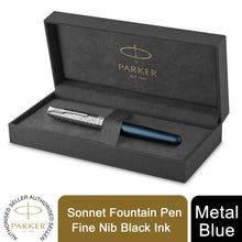 Load image into Gallery viewer, Parker Sonnet Fountain Pen Blue Chrome Trim Fine 18K Gold Nib Black Ink Gift Box