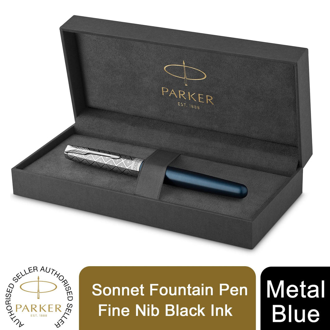 Parker Sonnet Fountain Pen Blue Chrome Trim Fine 18K Gold Nib Black Ink Gift Box