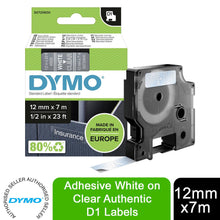 Load image into Gallery viewer, DYMO Labels Self Adhesive D1 12mm x 7mm White Print on Clear Tape Authentic