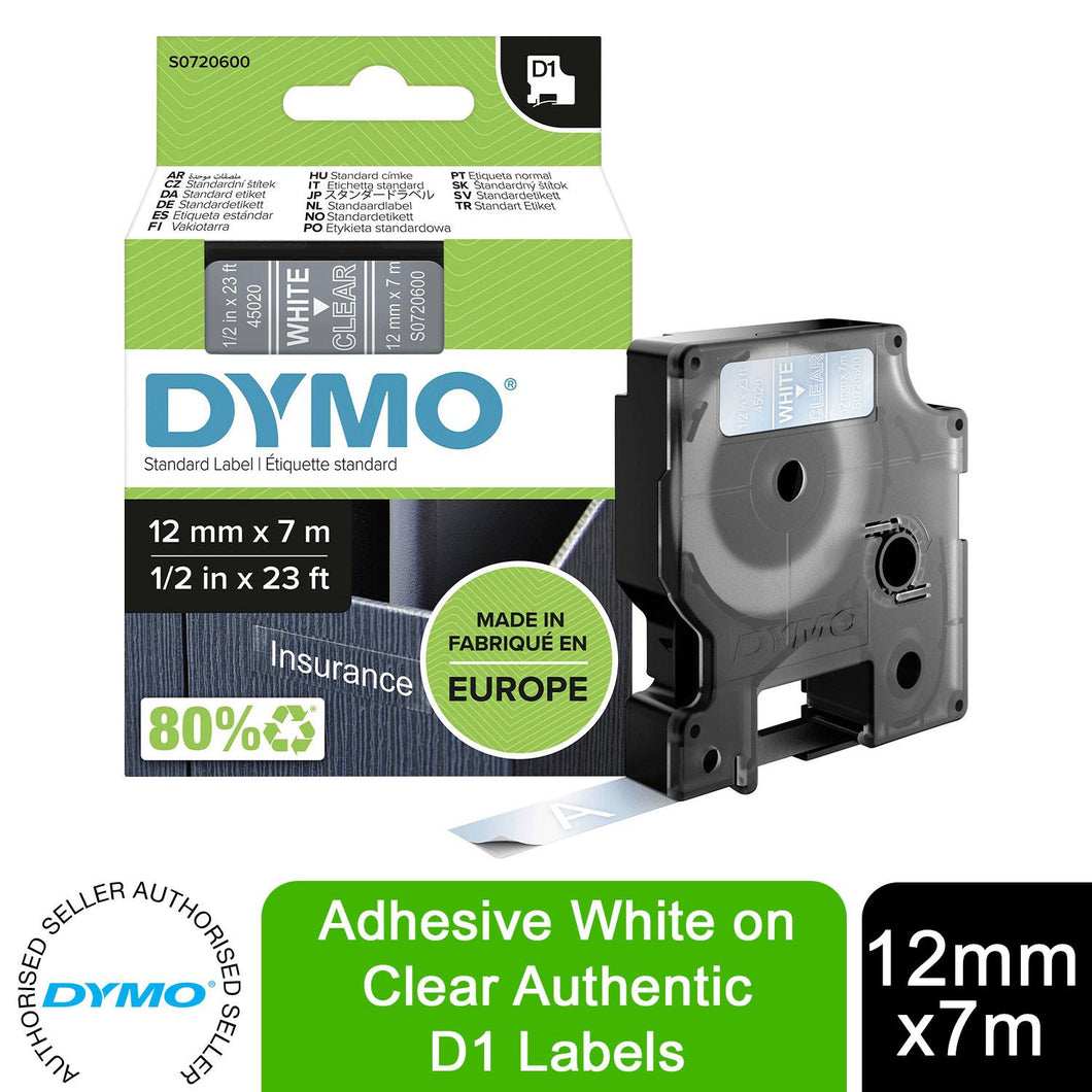 DYMO Labels Self Adhesive D1 12mm x 7mm White Print on Clear Tape Authentic