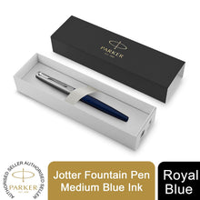 Load image into Gallery viewer, Parker Jotter Fountain Pen Royal Blue Medium Nib Blue Ink Gift Box