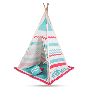 John Wooden Play Tepee Tent Natural Colours with Blanket and 2 Cushions
