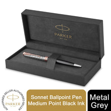 Load image into Gallery viewer, Parker Sonnet Ballpoint Pen Grey Satin Rose Gold Trim Medium Black Ink Gift Box
