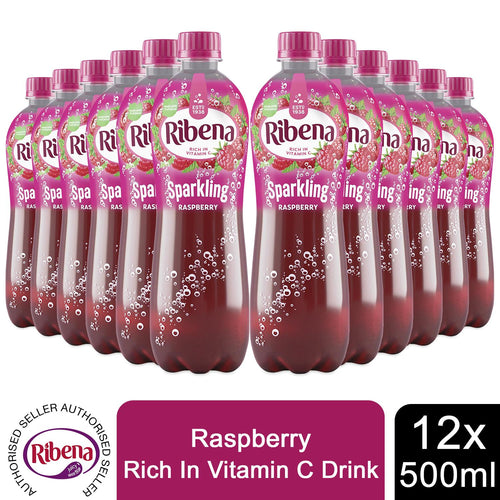 12pk of 500ml Ribena Raspberry Rich in Vitamin C Sparkling Light Juice Drink