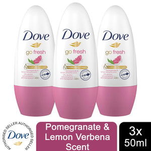 3pk of 50ml dove Go Fresh Pomegranate Anti-Perspirant Deodorant Roll-On