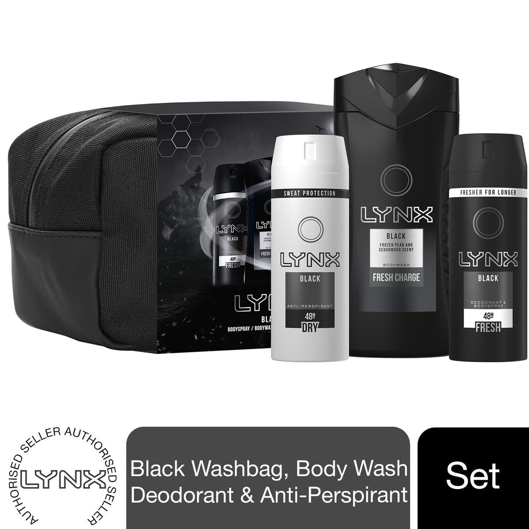 Lynx Black Wash Bag Gift Set, Black Bodyspray, Bodywash & anti-perspirant spray