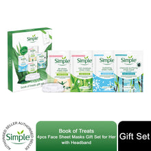 Load image into Gallery viewer, Simple Book of Treat Face Sheet Masks 4pcs Gift Set For Her with Headband
