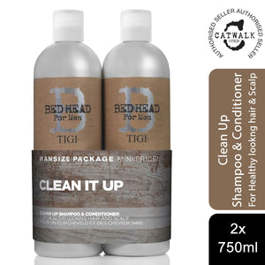 Bed Head for Men by TIGI Clean Up Daily Shampoo & Conditioner 2x750ml with pump