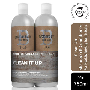 Bed Head for Men by TIGI Clean Up Daily Shampoo & Conditioner 2x750ml with pump