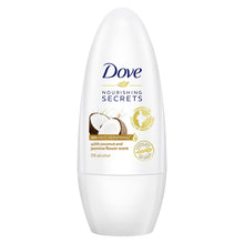 Load image into Gallery viewer, 3pk of 50ml Dove Nourishing Secret Coconut &amp; Jasmine Flower Deodorant Roll-on