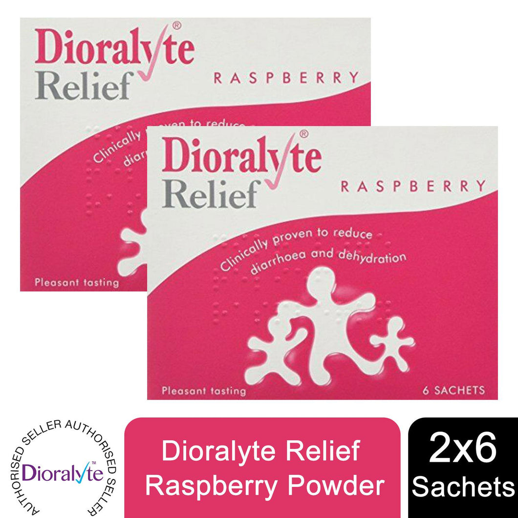 2 Pack Dioralyte Relief Oral Rehydration Therapy Raspberry Powder, 6 Sachets
