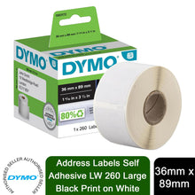 Load image into Gallery viewer, DYMO Address Labels Self Adhesive LW 260 Large 36mm x 89mm Black Print on White