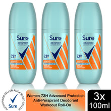 Load image into Gallery viewer, 3pk of 100ml Sure Women 72H Advanced Protection Workout Deodorant Roll-On