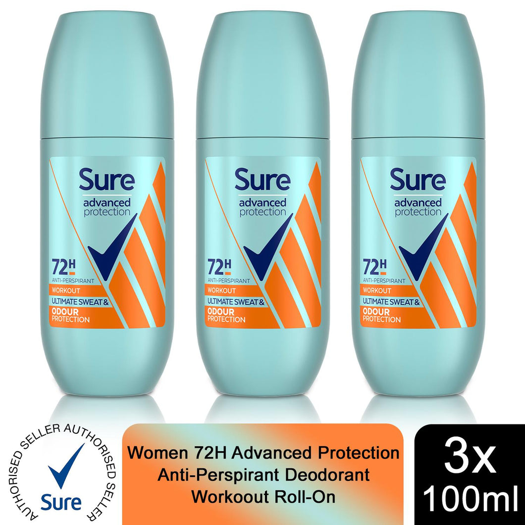 3pk of 100ml Sure Women 72H Advanced Protection Workout Deodorant Roll-On