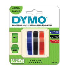Load image into Gallery viewer, DYMO Vinyl Labels Embossing Tape Red Green or Blue 9mm x 3m Each 3 Rolls