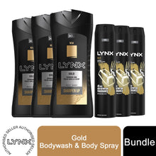 Load image into Gallery viewer, 3pk Each Bundle of Lynx Gold For Men Body Spray 250ml with Body Wash 400ml