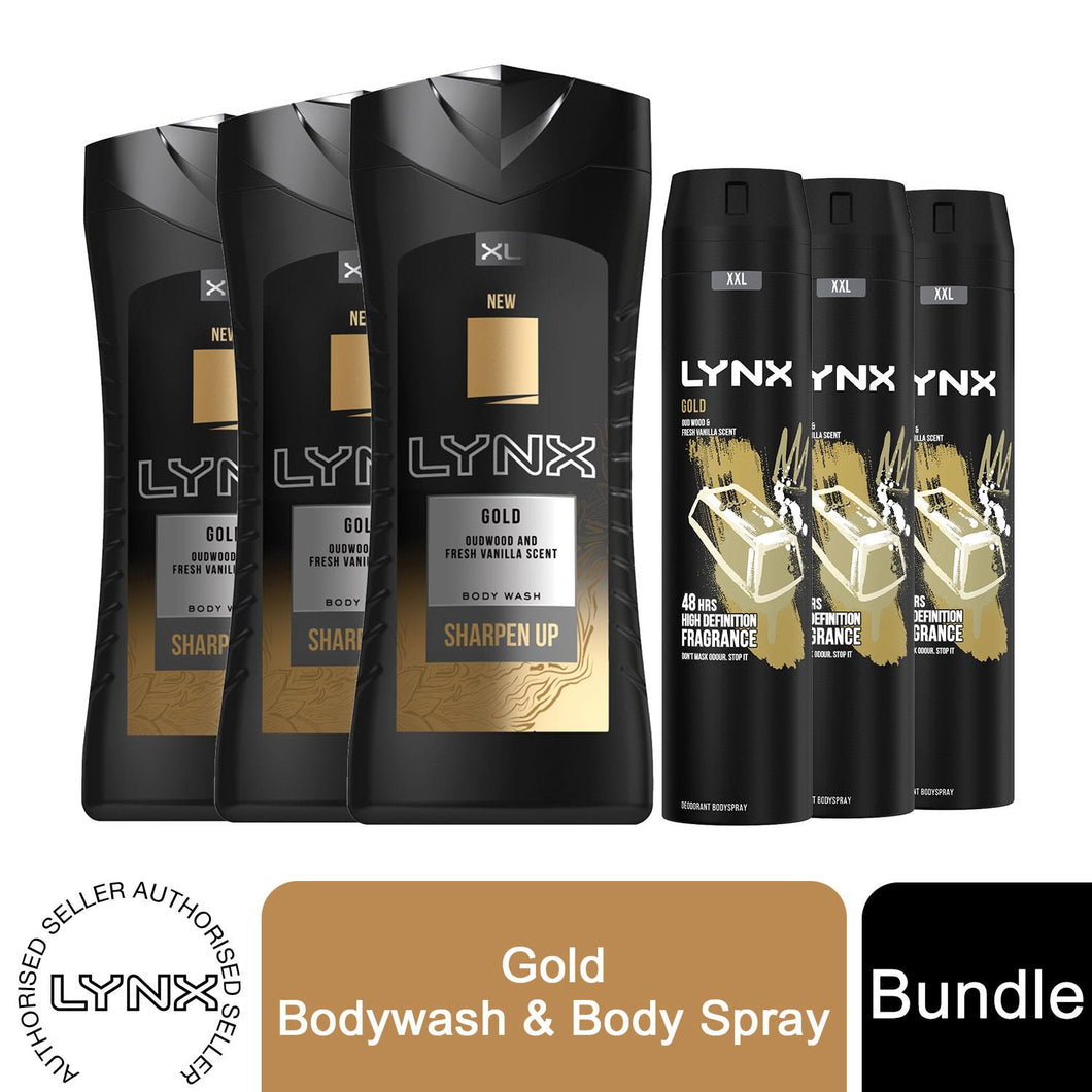 3pk Each Bundle of Lynx Gold For Men Body Spray 250ml with Body Wash 400ml
