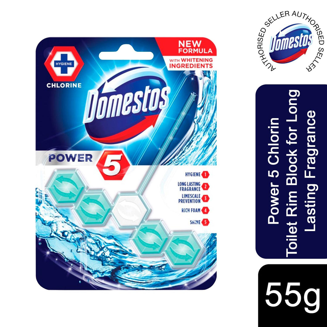 Domestos Power 5 Chlorine Toilet Rim Block With Long Lasting Fragrance, 55 g