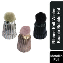 Load image into Gallery viewer, Ribbed Knit Winter Beanie Bobble Hat with Stylish Metallic Foil - Assorted