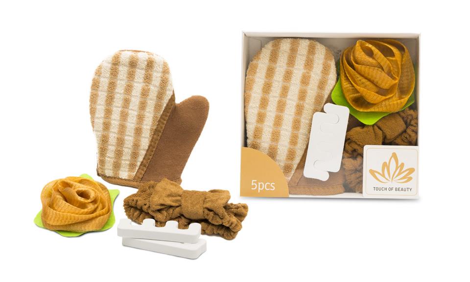 Touch of Beauty 5pcs Bath Shower Set Body Puff Hand Sponge Shower Headband & Toe Separators