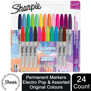 Sharpie Permanent Marker Pens Fine Point Electro Pop & Assorted Colour Pack 24